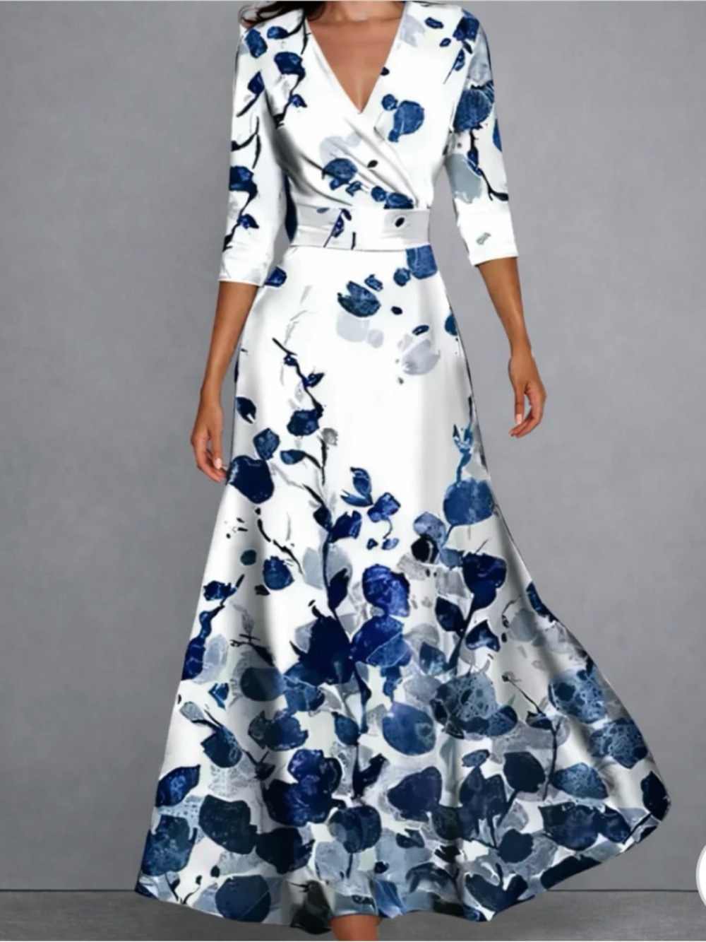 The Margaret - Elegant White & Blue Floral Maxi Dress - M